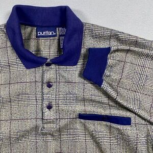 Puritan Mens Plaid Long Sleeve Polo Shirt Blue Tan Medium